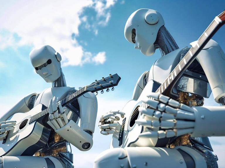 Zwei AI-Roboter spielen Gitarre, über ihnen ein blauer Himmel mit Wolken
