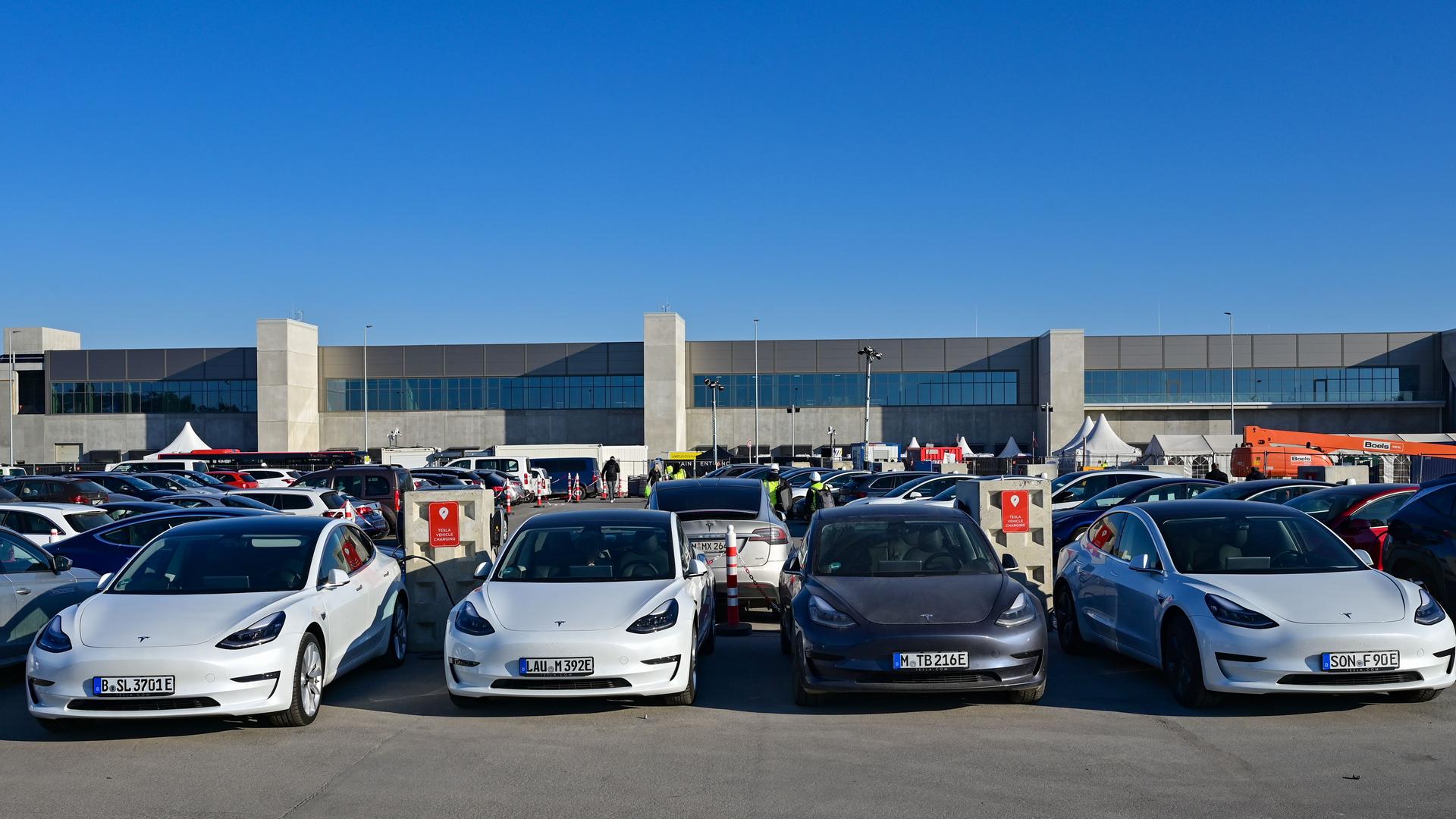 Elektrofahrzeuge der Marke Tesla stehen vor dem Werk in Brandenburg. Elektrofahrzeuge der Marke Tesla stehen vor dem Werk in Brandenburg.