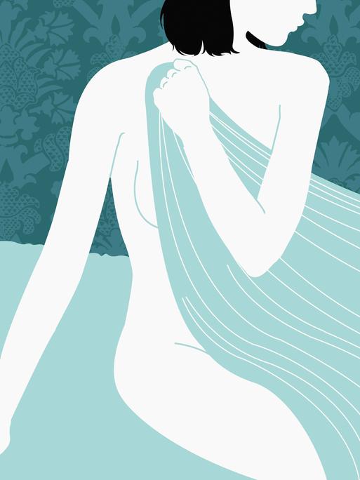 Nackte Frau sitzt auf der Kante eines Betts, in dem ein Mann schläft. 