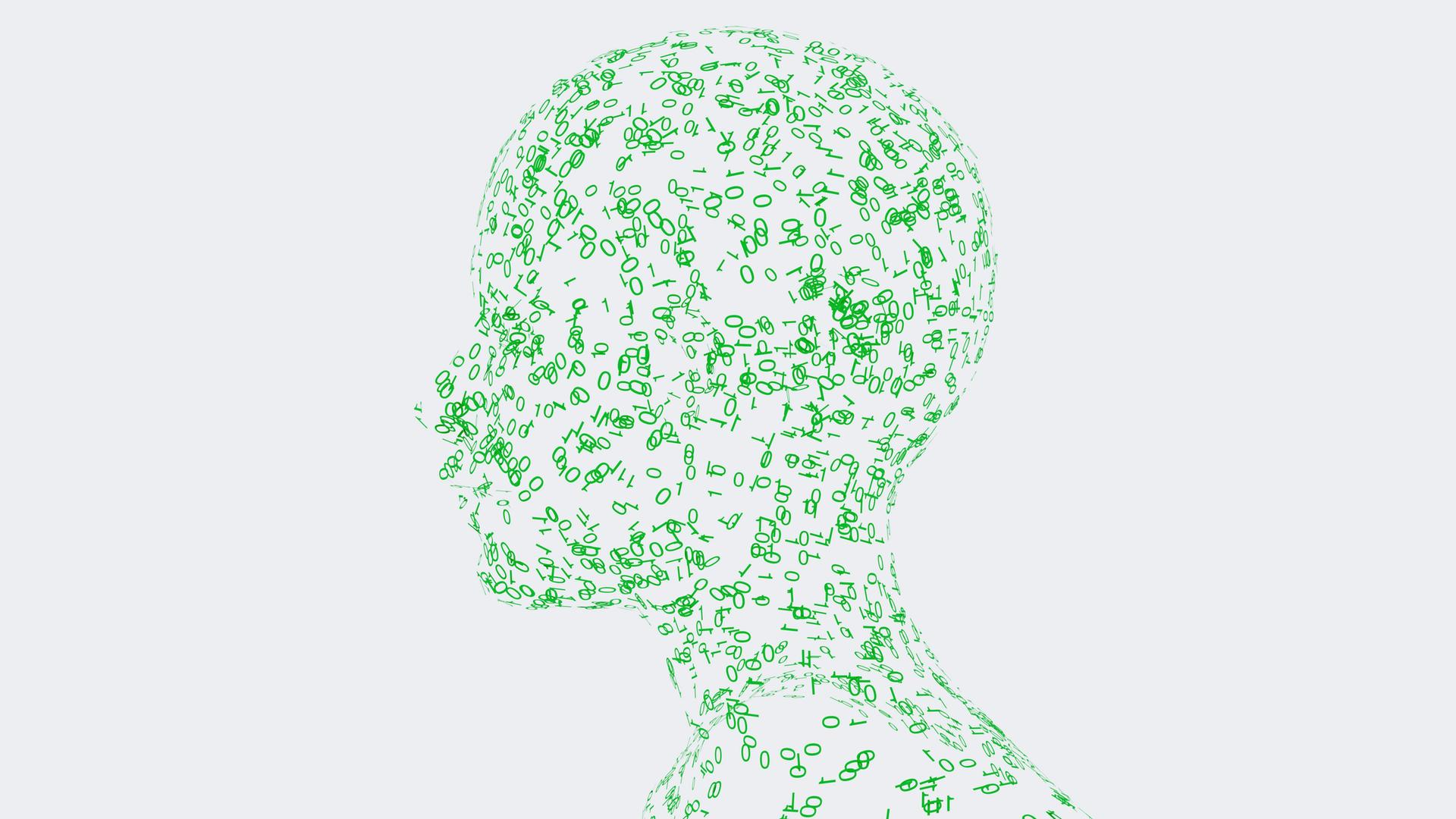 Illustration: Ein menschlicher Kopf aus Zahlen, einem binären Code.