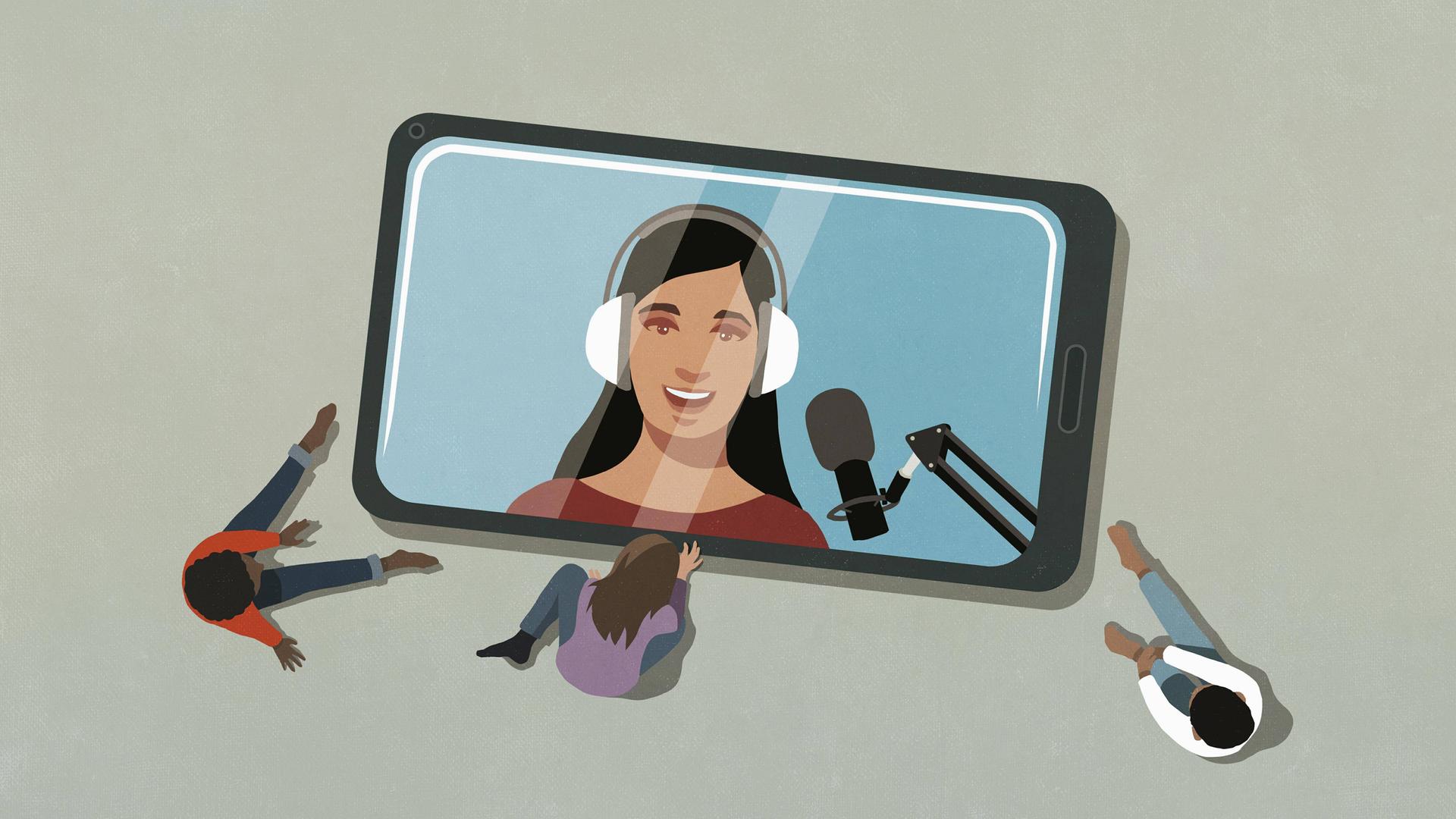 Illustration einer Frau mit Kopfhoerern vor einem Mikrofon auf einem Smartphonebildschirm. Das Smartphone liegt riesig auf dem Bode, davor sitzen Personen und hoeren bzw. sehen zu.