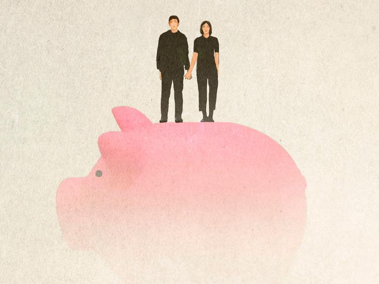 Illustration von einem Paar, das sich an der Hand hält und auf einem überdimensionierten Sparschwein in rosa steht