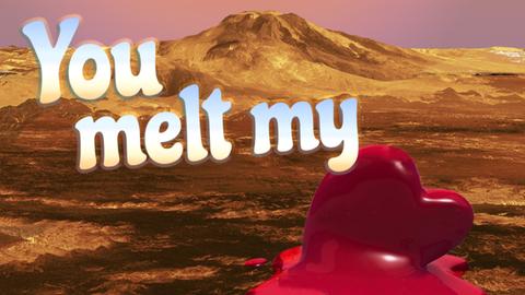 Eine Collage der NASA zum Valentinstag zeigt die Oberfläche eines Planeten auf dem ein rotes Herz schmilzt, dazu der Schriftzug "You melt my"