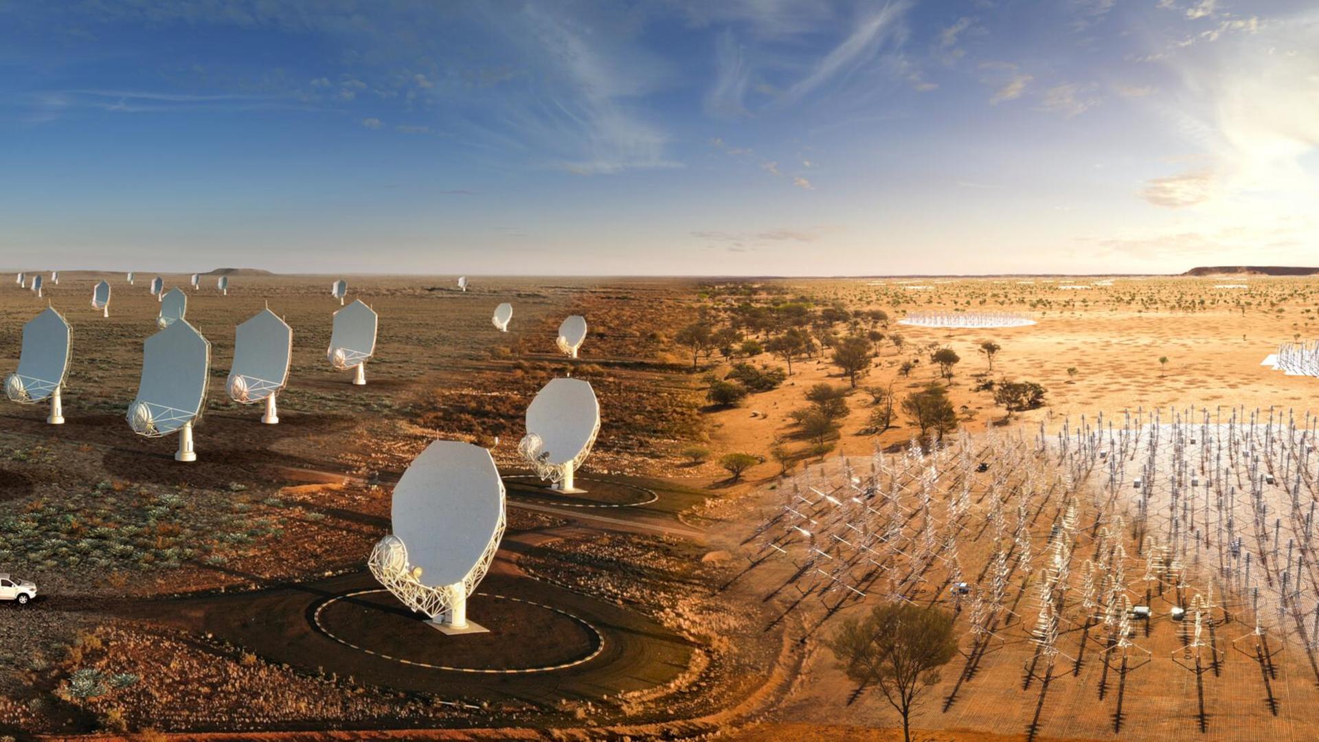 Eine Illustration zeigt die vielen Teleskope und Antennen der riesigen Teleskopanlage SKA wird in Südafrika und Australien.