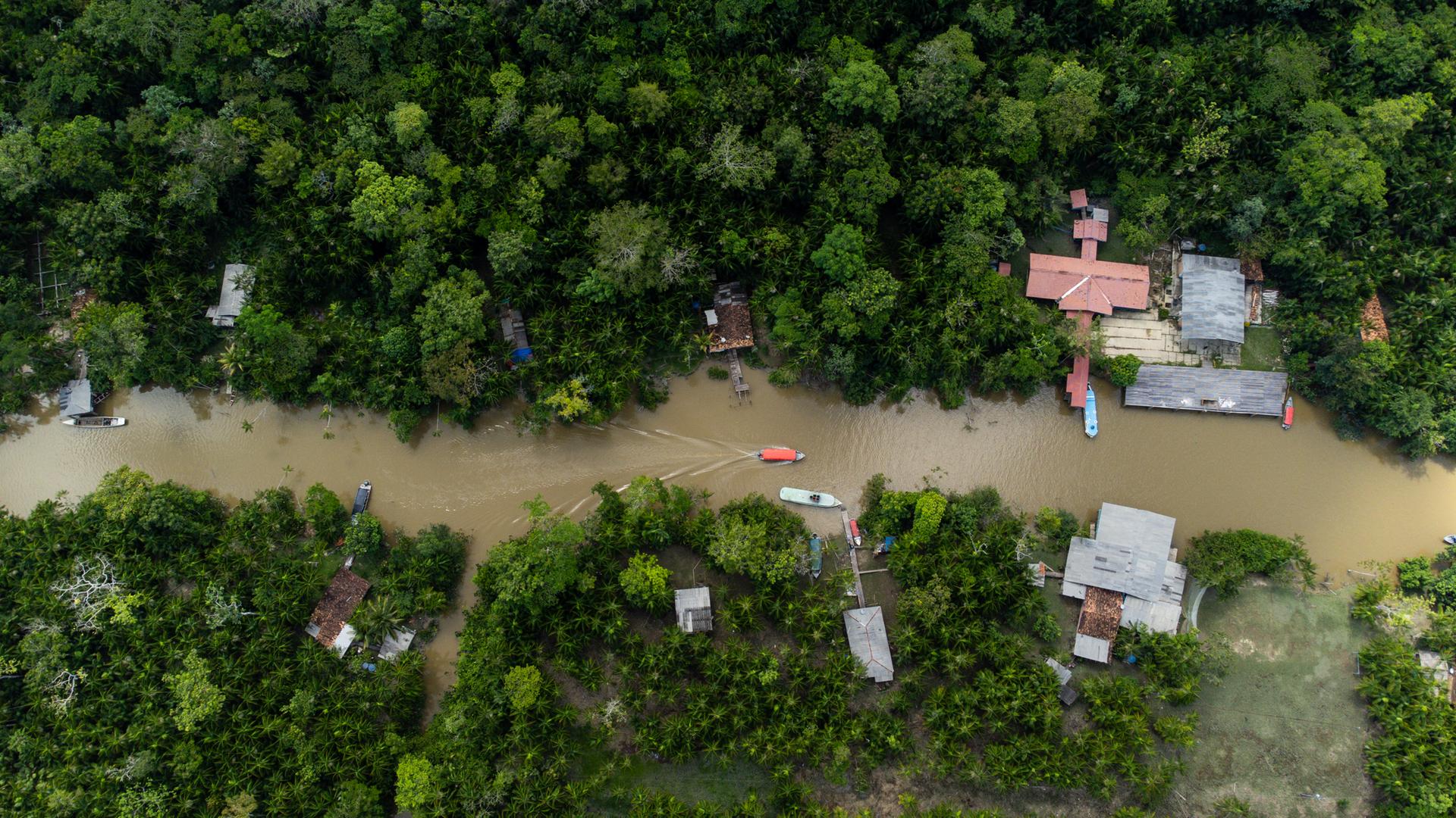 Blick auf den Fluss Guama und die Insel Combu im Amazonas-Regenwald. Menschen leben an den Ufern des Guamas in Holzhütten.