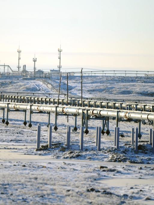 Eine Pipeline in Russland. Im Hintergrund sieht man Bohrtürme.