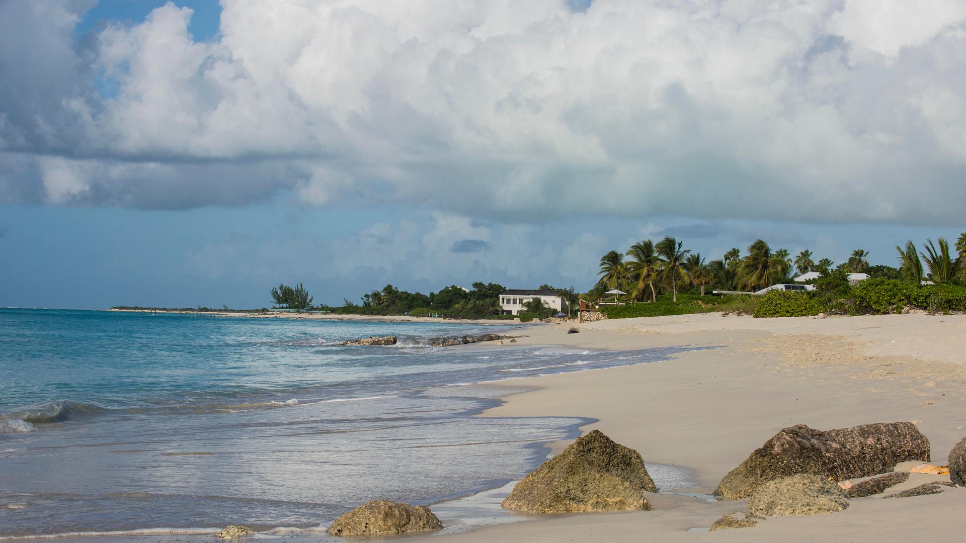 Ein langer Sandstrand am Meer mit Palmen und einem Haus im Hintergrund.