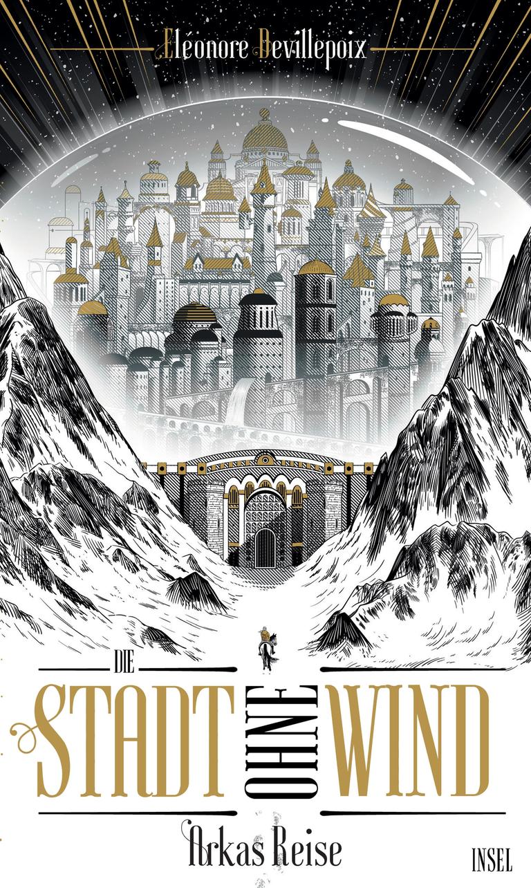 Auf dem Cover des Buchs "Die Stadt ohne Wind" von Éléonore Devillepoix ist der Teil und der Name der Autorin gedruckt. Außerdem ist eine Fantasiestadt abgebildet.