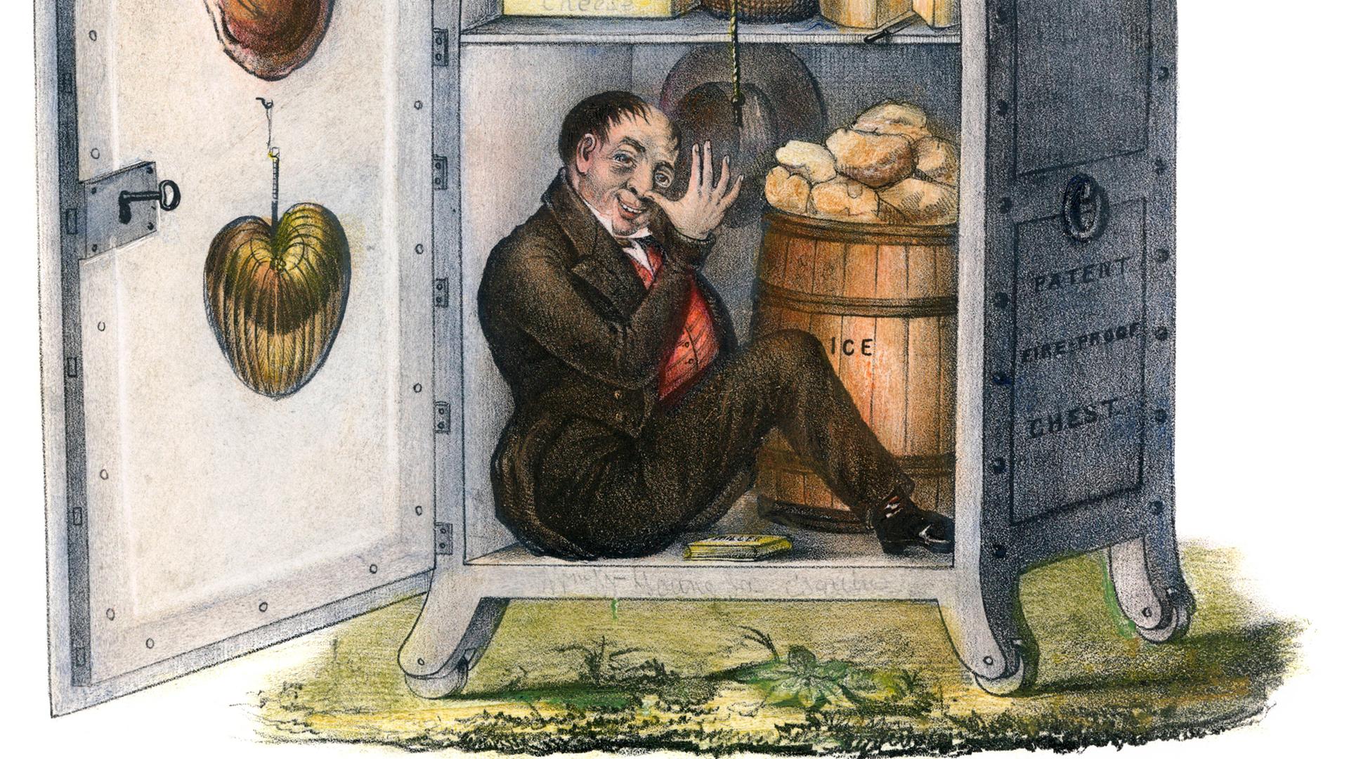 Zeitgenössische Karikatur des US-Predigers William Miller (1782-1849), der sich in einem gut gefüllten Vorratsschank für den Weltuntergang wappnet