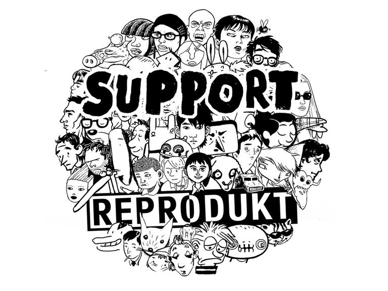 Illustration von mehreren Gesichtern mit dem Schriftzug "Support Reprodukt"