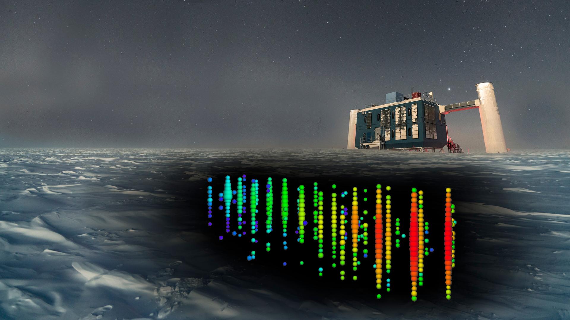 Die Illustration zeigt eine Antarktis-Landschaft. Im Vordergrund: Künstlich dargestellte Säulen aus Bällen in verschiedenen Farben sollen Signale von Neutrinos symbolisieren. Im Hintergrund: ein großes Forschungsgebäude.  