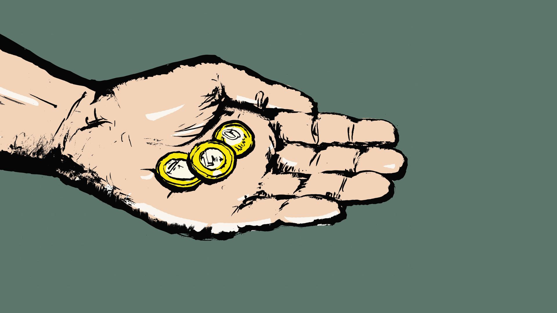 Illustration: Eine Hand hält ein paar Münzen vor grünem Hintergrund.