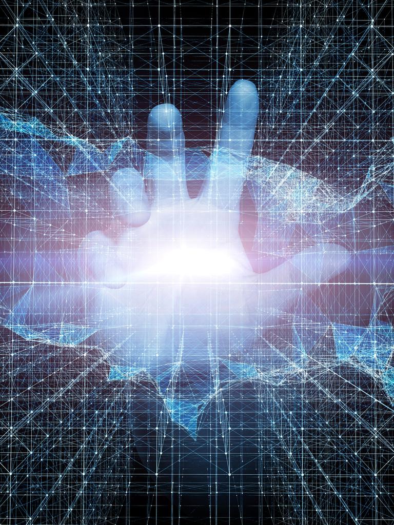 Dreidimensionales Bild einer Hand, die sich in einem futuristischem Raum dem Betrachter entgegenstreckt.