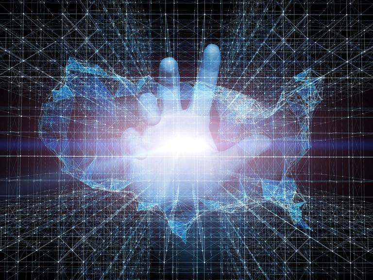 Dreidimensionales Bild einer Hand, die sich in einem futuristischem Raum dem Betrachter entgegenstreckt.