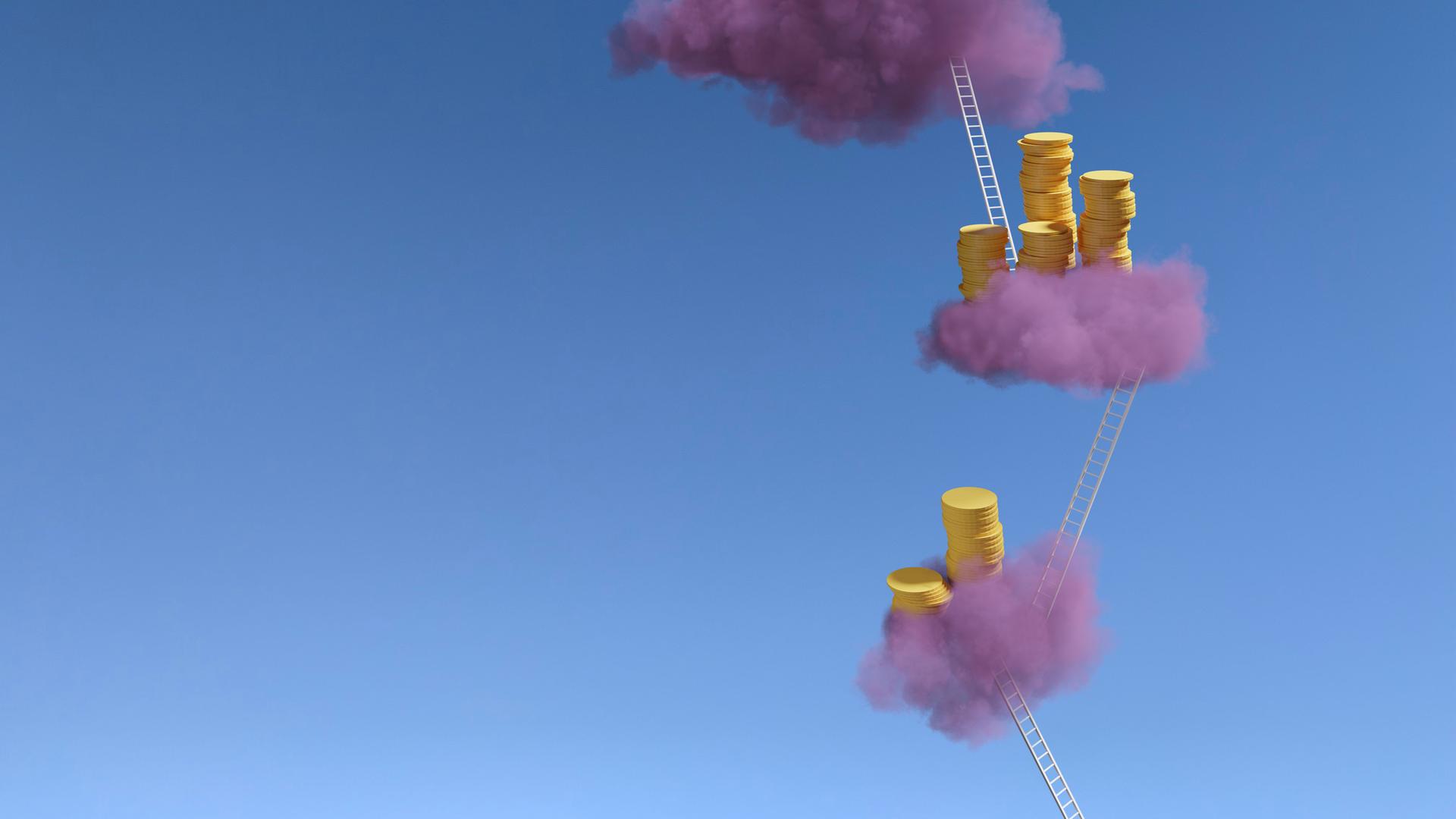 3D Illustration von Wolken vor rosarotem Himmel, auf denen Geldstücke liegen. Die Wolken sind mit Treppen verbunden.
