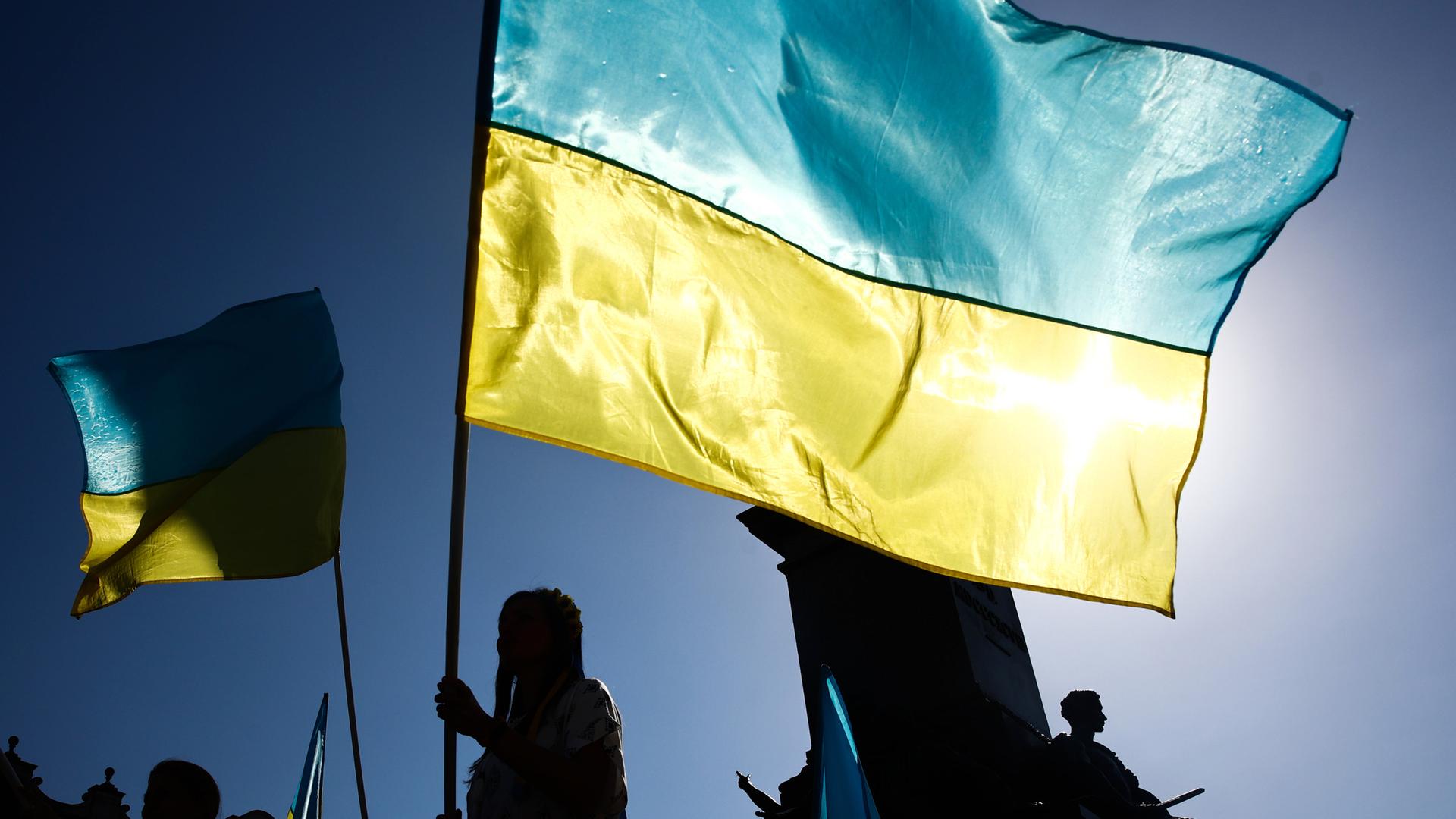 Nationalflaggen der Ukraine in gelb und blau werden bei einer Demonstration geschwenkt, 2023.