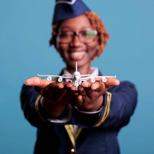 Eine witzige Stewardess hält der Betrachterin einen Mini-Modellflieger entgegen.