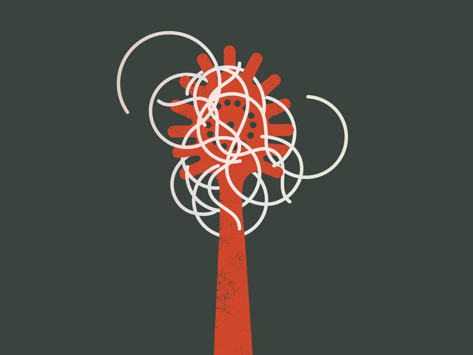 Illustration: Einzelne Spaghetti kringeln sich in einer roten Pastakelle vor grünem Hintergrund 