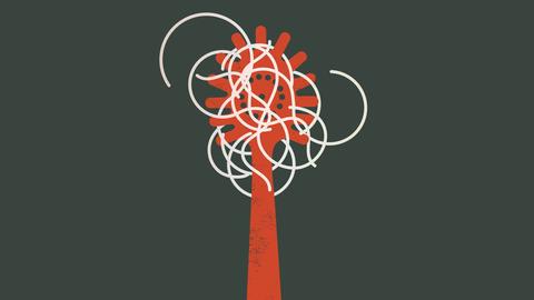 Illustration: Einzelne Spaghetti kringeln sich in einer roten Pastakelle vor grünem Hintergrund 