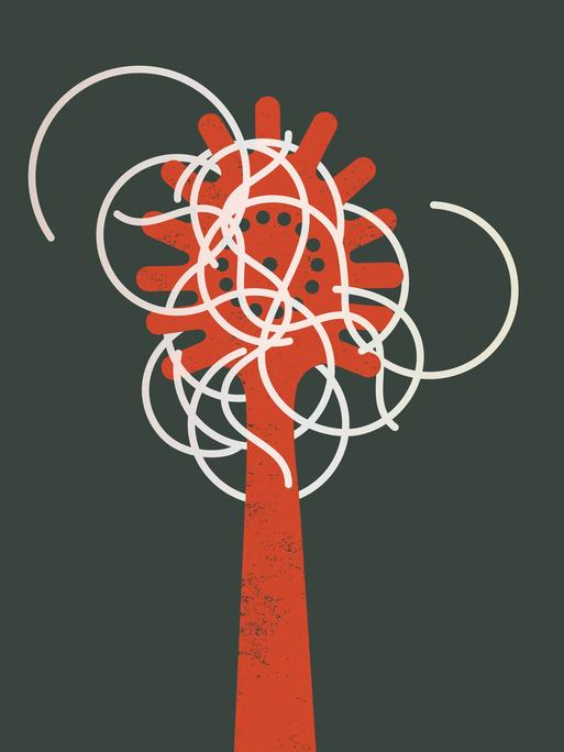 Illustration: Einzelne Spaghetti kringeln sich in einer roten Pastakelle vor grünem Hintergrund 