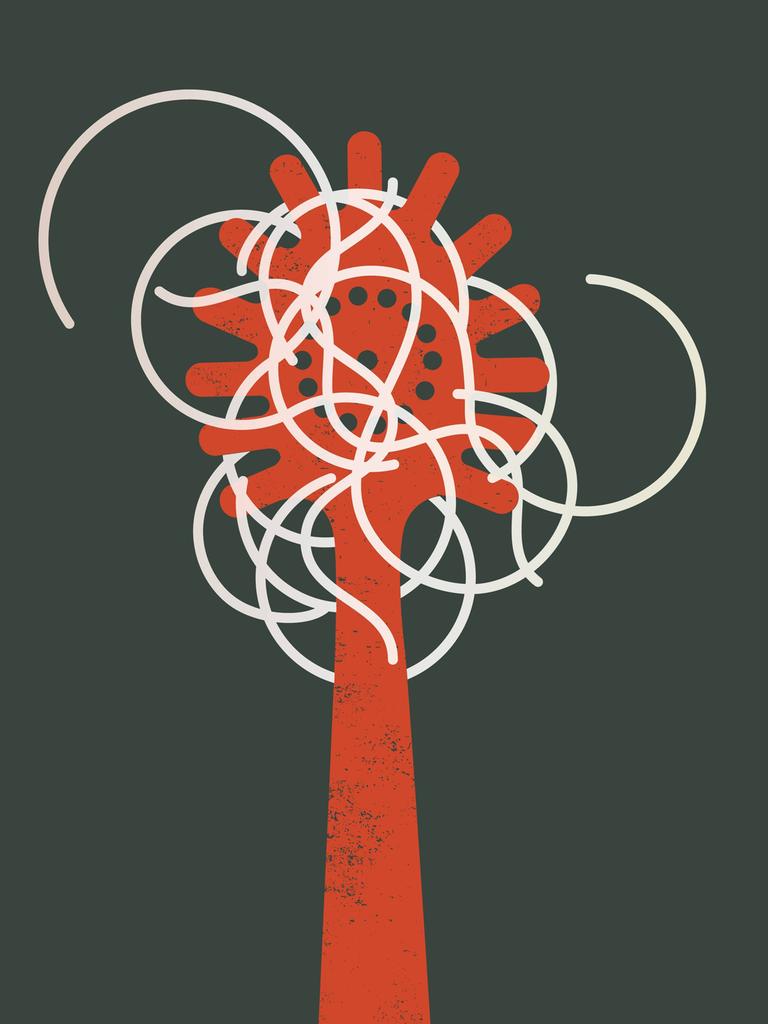 Illustration: Einzelne Spaghetti kringeln sich in einer roten Pastakelle vor grünem Hintergrund 