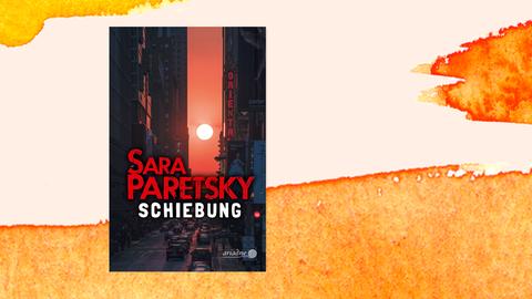 Das Buchcover von Sara Paretskys Krimi "Schiebung". Es zeigt eine in rötliche Farben getauchte Straßenschlucht, am Horizont ein Himmelskörper, der für diese Farbe sorgt. 