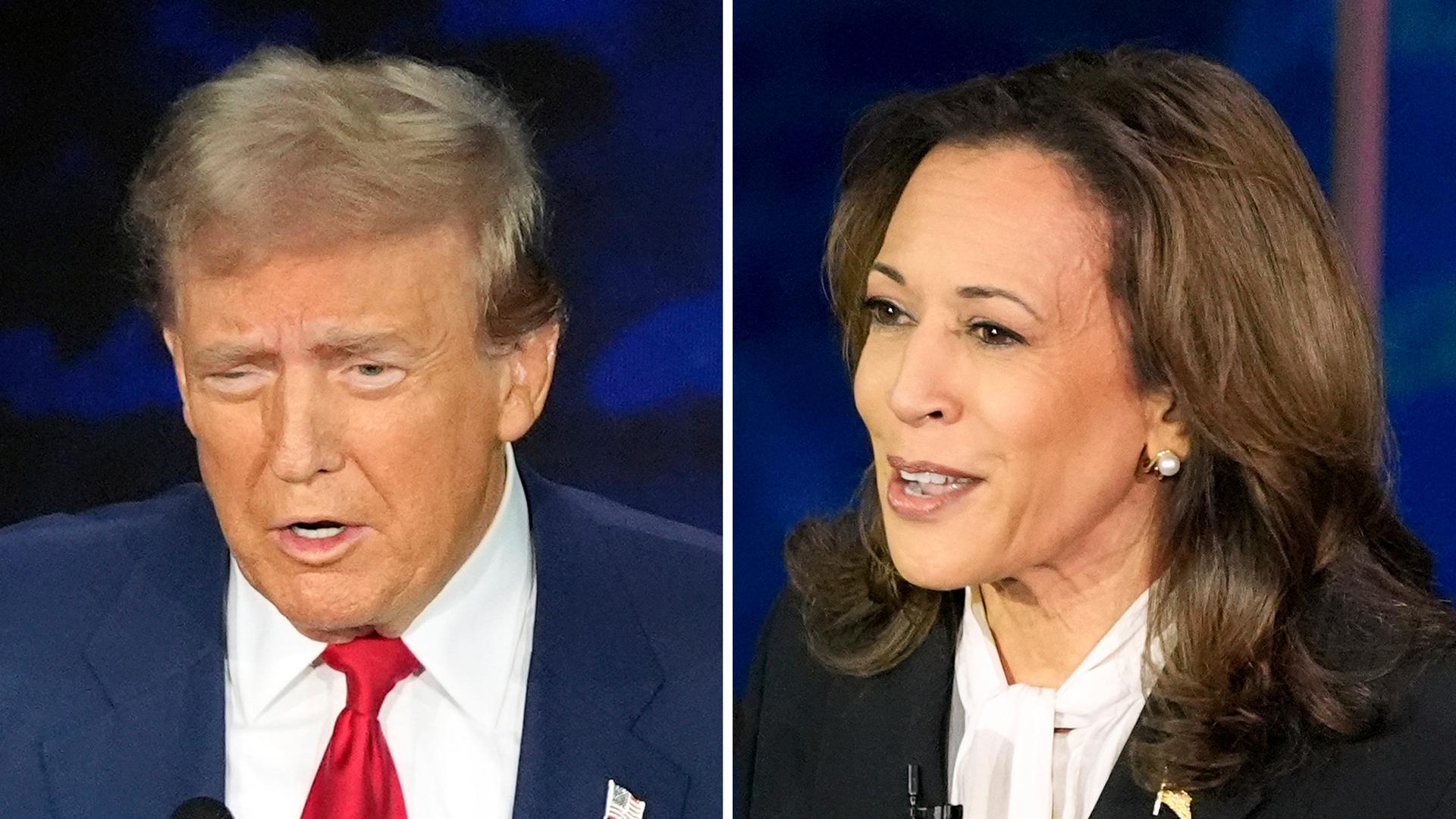 Eine Collage zeigt Kamala Harris und Donald Trump in Großaufnahmen nebeneinander. Beide diskutierten energisch.