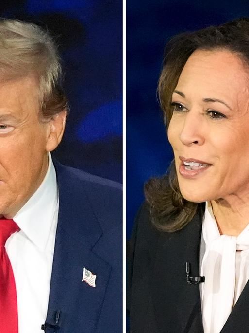 Eine Collage zeigt Kamala Harris und Donald Trump in Großaufnahmen nebeneinander. Beide diskutierten energisch.