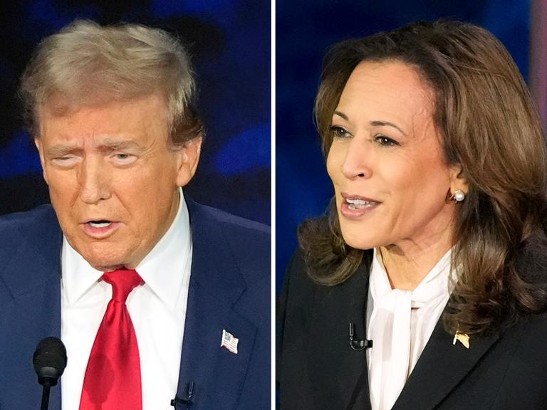 Eine Collage zeigt Kamala Harris und Donald Trump in Großaufnahmen nebeneinander. Beide diskutierten energisch.