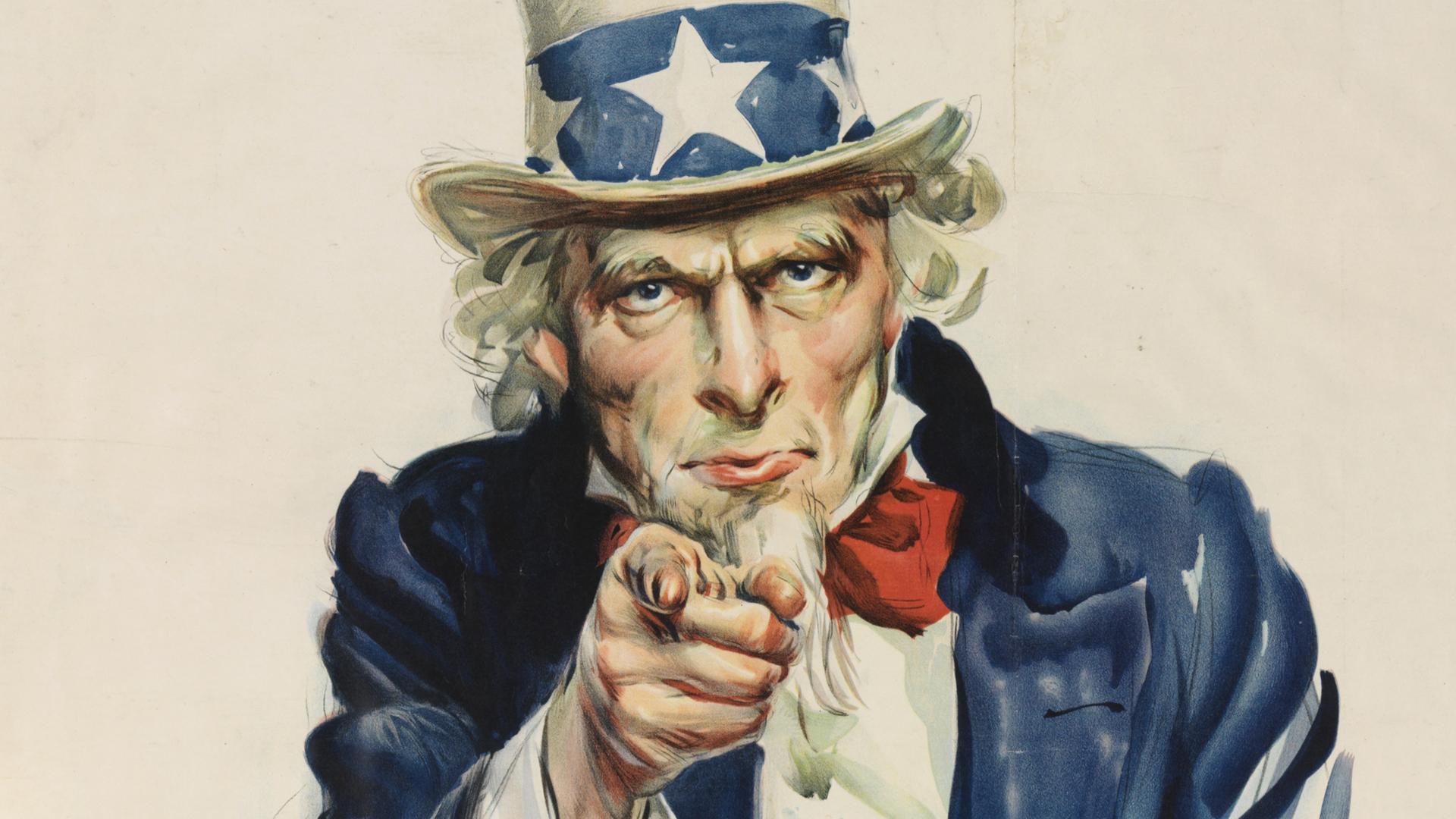 "I Want You For US Army", eine berühmte Darstellung von Uncle Sam im traditionellen Zylinder, Jackett und Fliege, der direkt auf den Betrachter zeigt, aus dem Jahr 1917. "I Want You For US Army", eine berühmte Darstellung von Uncle Sam im traditionellen Zylinder, Jackett und Fliege, der direkt auf den Betrachter zeigt, aus dem Jahr 1917.
