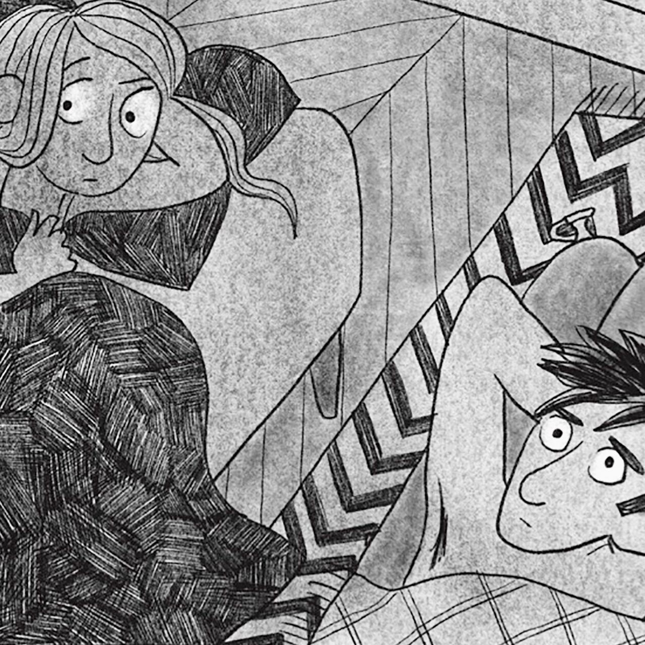 Auszug aus dem Comic Schichten: Zu sehen ist ein Paar. Links liegt die Frau auf einem Sofa. Der Mann ihr zu Füßen auf einem Bettvorleger.