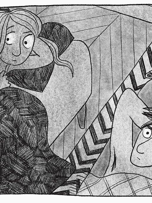 Auszug aus dem Comic Schichten: Zu sehen ist ein Paar. Links liegt die Frau auf einem Sofa. Der Mann ihr zu Füßen auf einem Bettvorleger.