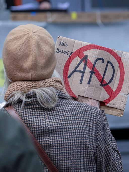 Demonstrantin mit AfD-Verbotsschild auf einem Protestplakat bei einer Demonstration für AfD-Verbot in Nürnberg