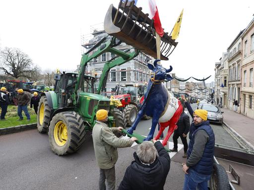 Französische Landwirte protestieren auf der Straße gegen das Mercosur-Freihandelsabkommen. Sie führen eine Kuh-Skulptur mit sich, die in den Farben der französischen Nationalflagge gehalten ist. Französische Landwirte protestieren auf der Straße gegen das Mercosur-Freihandelsabkommen. Sie führen eine Kuh-Skulptur mit sich, die in den Farben der französischen Nationalflagge gehalten ist.