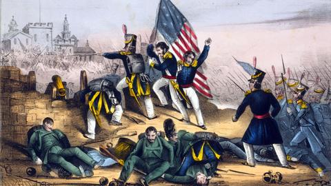 Eine kolorierte künstlerische Darstellung zeigt die Schlacht von Chapultepec im September 1847 im mexikanisch-amerikanischen Krieg. US-Soldaten triumphieren, die mexikanischen Soldaten sind am Boden.