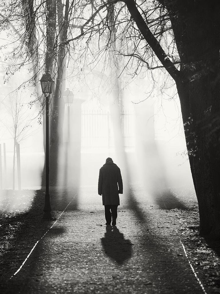 Schwarz-Weiß-Bild eines Mannes mit Schatten nachts auf einem von alten Laternen beleuchteten Weg.