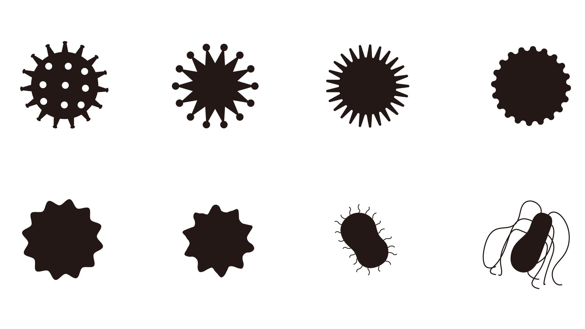 Eine Schwarz-Weiß-Illustration zeigt unterschiedliche Variationen der Umrisse von Viren.