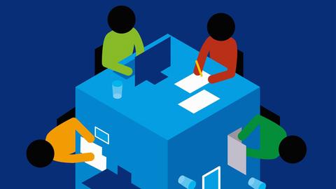 Illustration: Menschen teilen sich einen würfelförmigen Schreibtisch und arbeiten gemeinsam an ihrem Laptop.