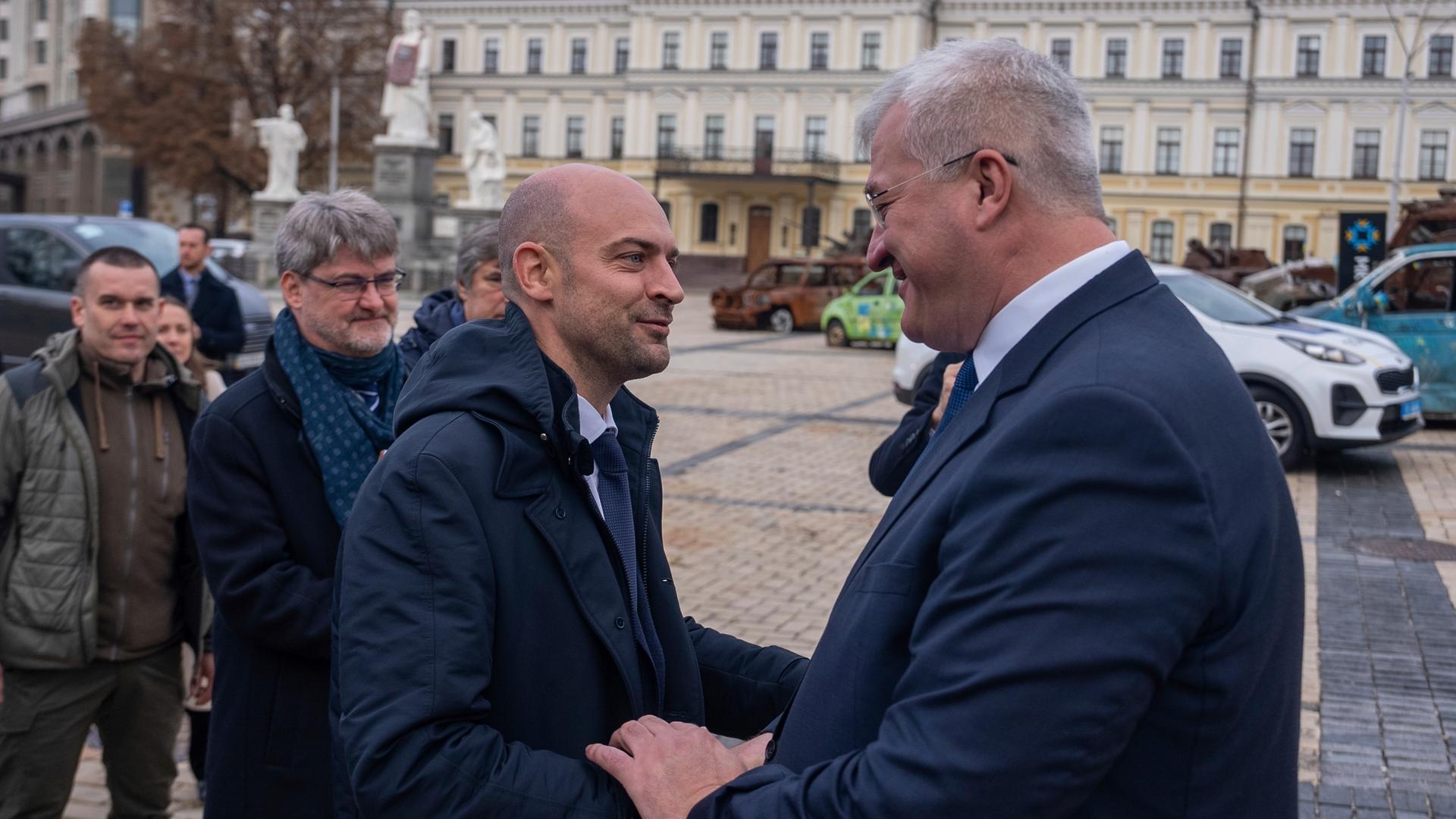 French Foreign Minister Jean-Noel Barrot shakes hands with Ukrainian Foreign Minister Andrii Sybiha in central Kyiv, Ukraine, Saturday, Oct. 19, 2024. (AP Photo/Alex Babenko)