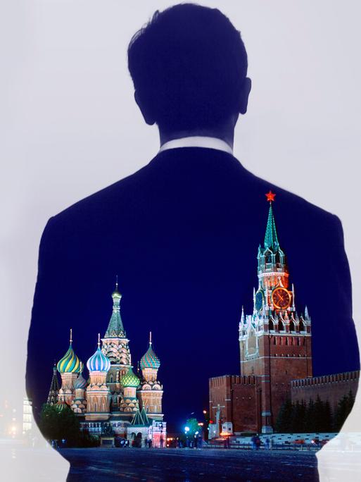 Illustration: Der Rote Platz in Moskau erscheint im Umriss eines Mannes im Anzug.