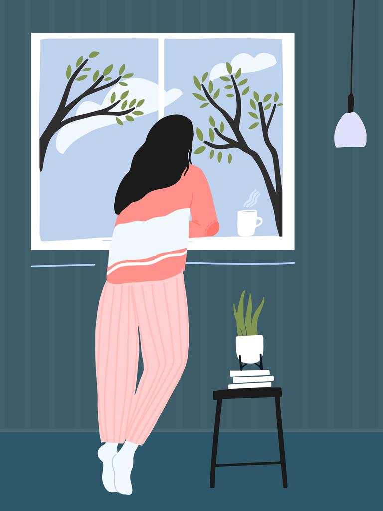 Illustration einer jungen Frau die am Fenster steht und nach draußen schaut Illustration einer jungen Frau die am Fenster steht und nach draußen schaut
