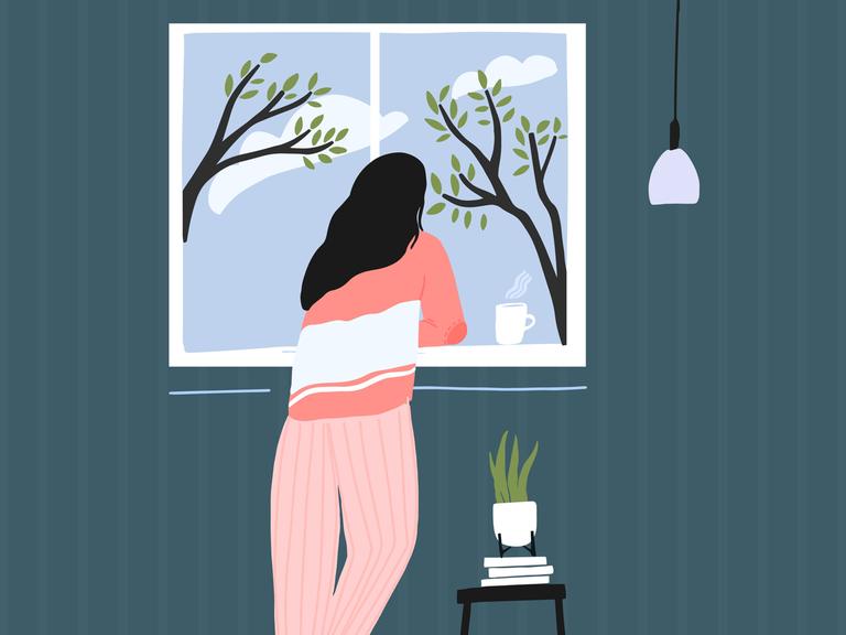 Illustration einer jungen Frau die am Fenster steht und nach draußen schaut