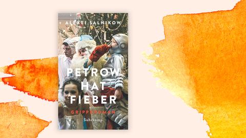 Das Cover des Romans von Alexei Salnikow, "Petrow hat Fieber" auf orange-weißem Grund. Es zeigt eine lebhafte Szene vor einem Weihnachtsbaum. Im Vordergrund rechts wird ein Kind im Astronautenkostüm von einem Mann im Weihnachsmannkostüm hochgehalten, im Vordergrund links ein Mädchen in weißem Kleid und mit silbernem Haarschmuck. Links hinter der Person im Weihnachtsmannkostüm steht ein weiterer Mann, der eine Mütze aufhat, an die hasenohrartige Applikationen angebracht sind.