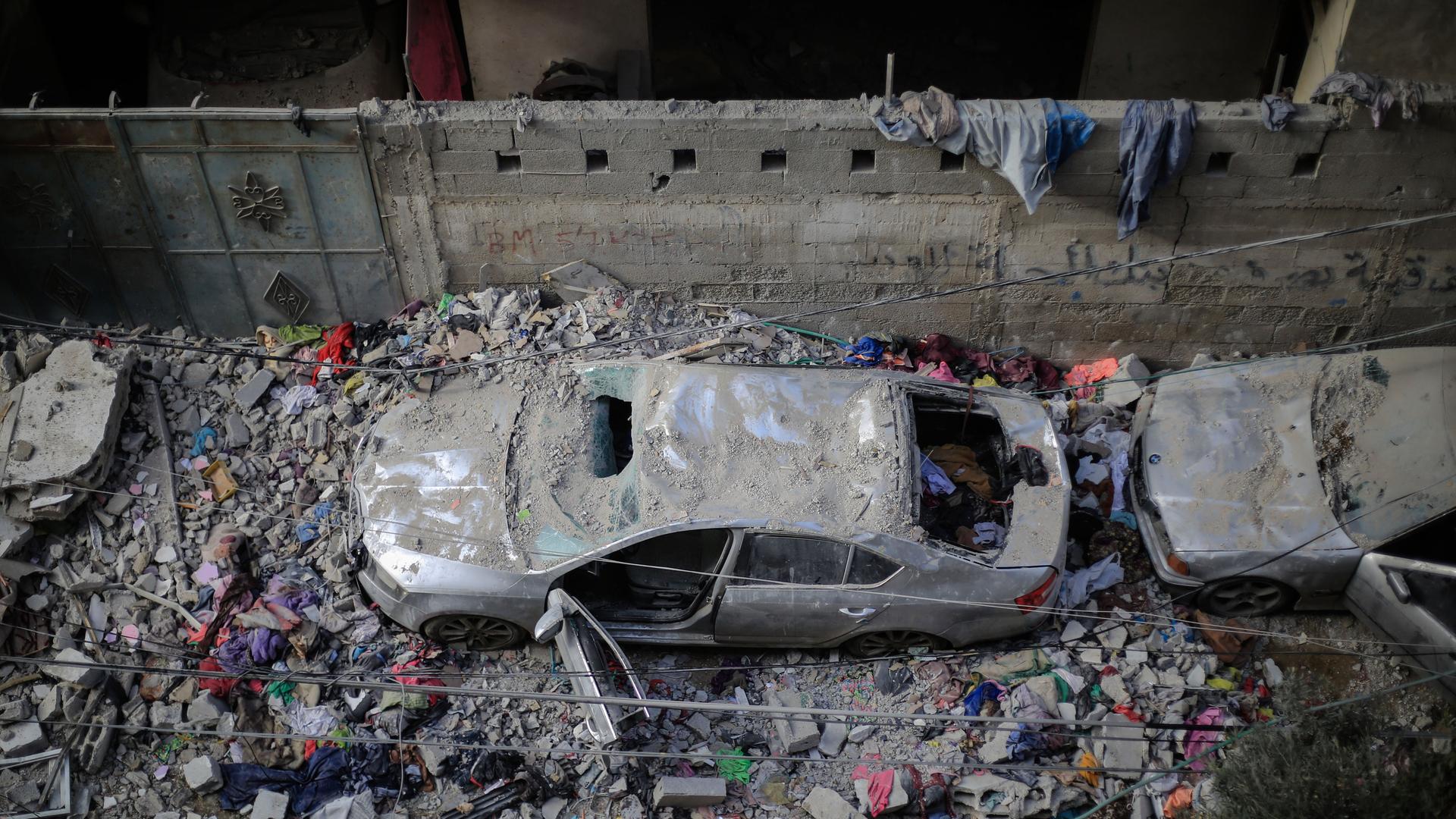 A view of destroyed cars following Israeli airstrikes on the city of Rafah. 