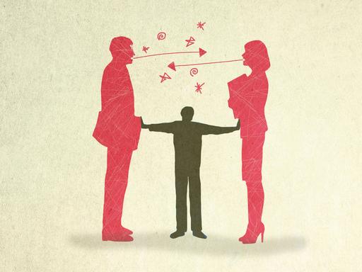 Grafik: Eine Person trennt streitende Personen. Grafik: Eine Person trennt streitende Personen.