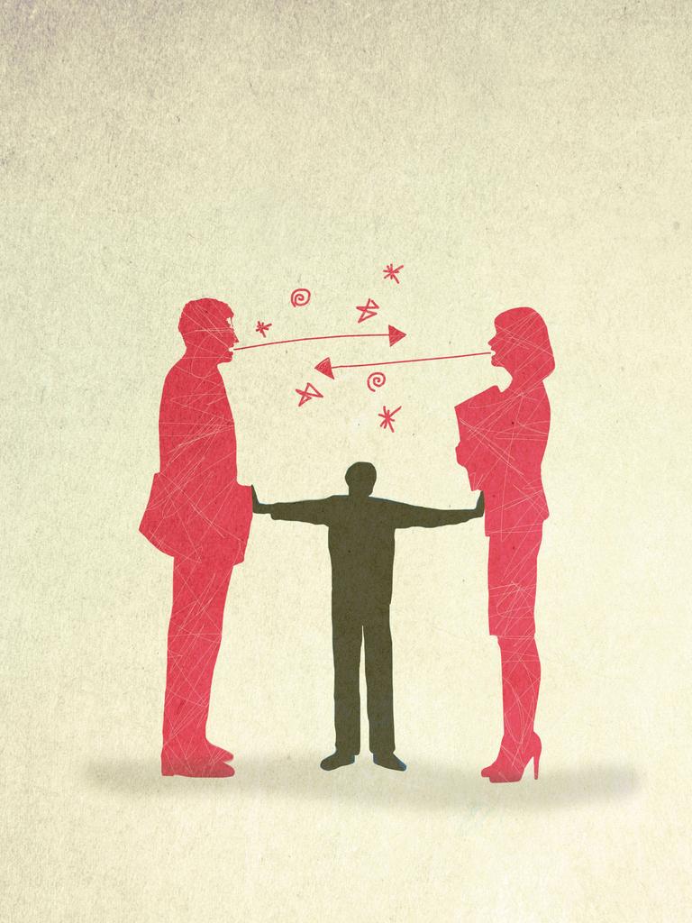 Grafik: Eine Person trennt streitende Personen. Grafik: Eine Person trennt streitende Personen.