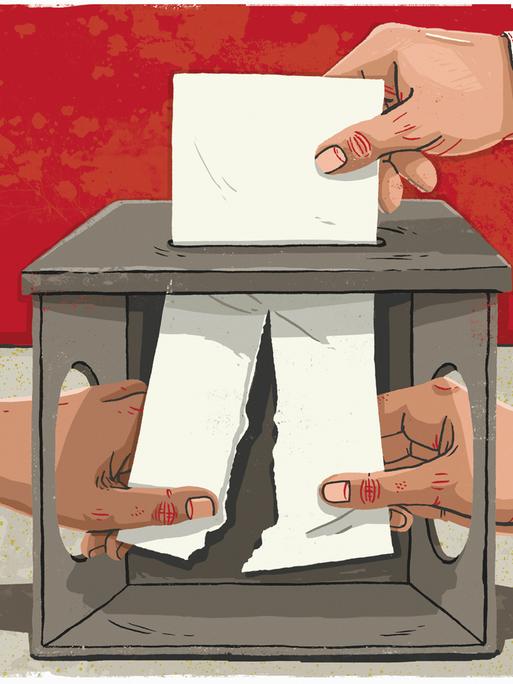 Hände zerreißen Stimmzettel in einer Wahlurne in zwei Hälften
