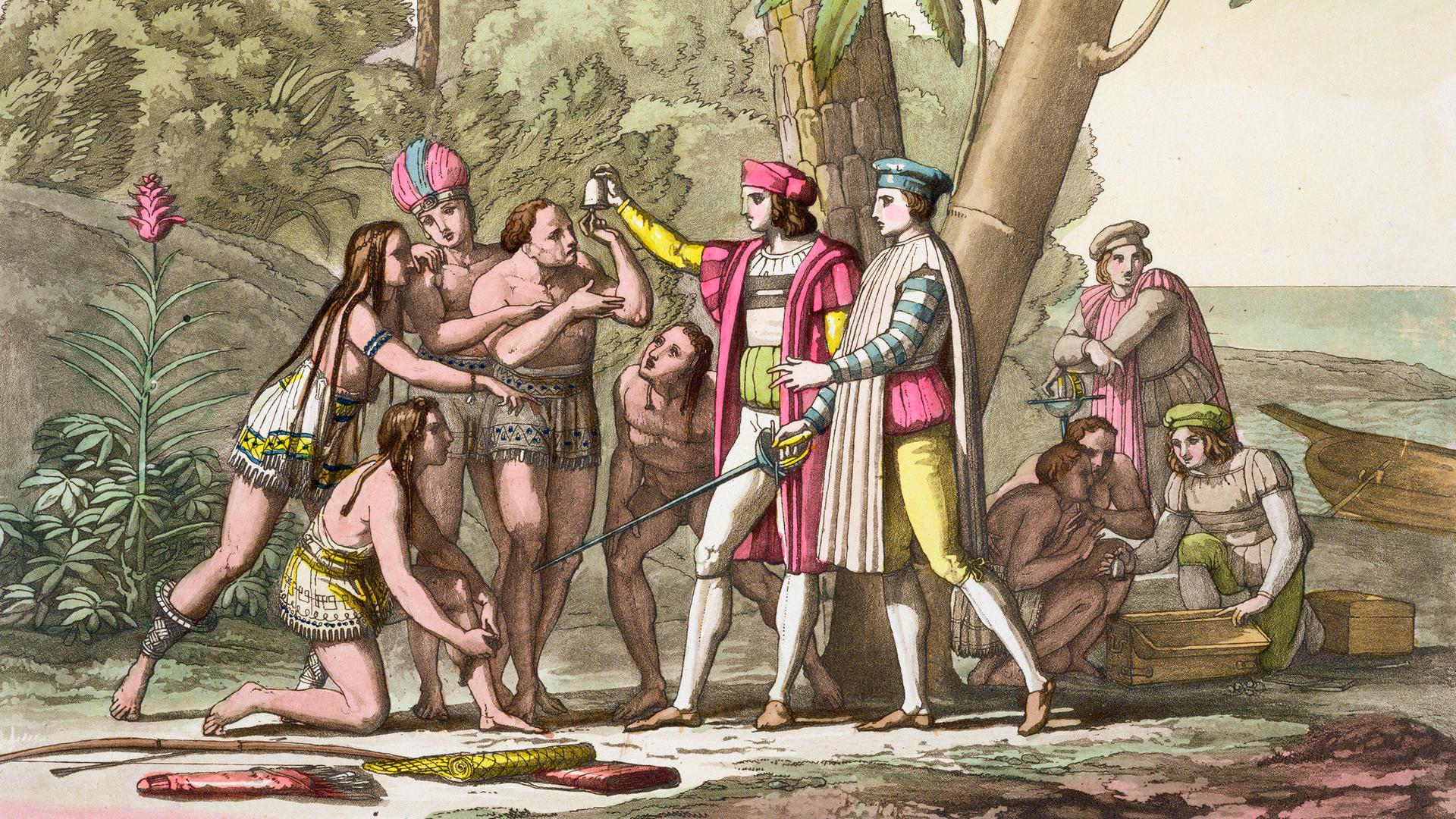 Illustration: Christoph Kolumbus (1451-1506) bei der Landung in Amerika, ihm gegenüber stehen Native Americans, 1492.