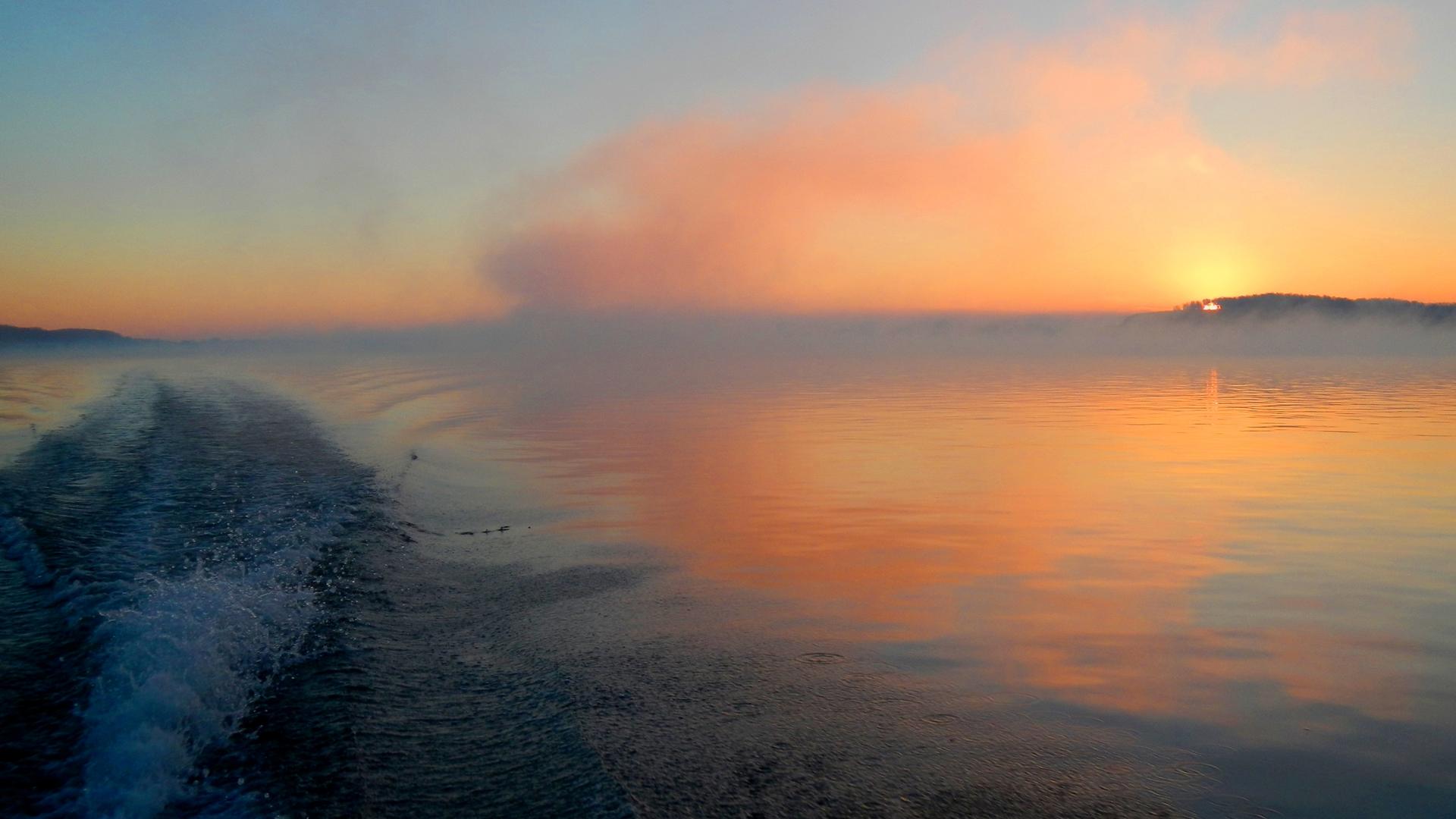 Sonnenaufgang an der Donau, an der rumänisch-bulgarischen Grenze