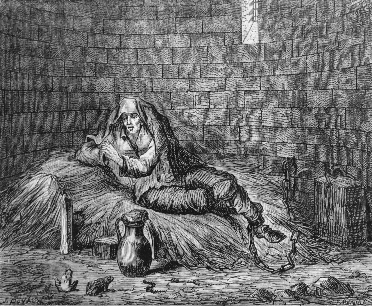 Der Holzstich zeigt den Verbrecher Cartouche in einer Zelle auf einem Heuhaufen sitzend, sein Fuß ist mit einer Eisenkette an der Wand befestigt.